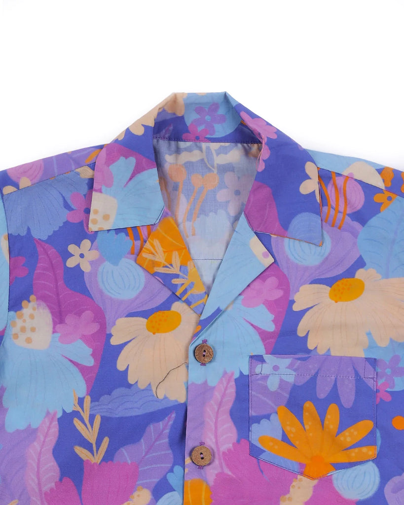 Purple Daffy Hawaiian Summer Shirt in Organic Cotton Nimbu Kids 