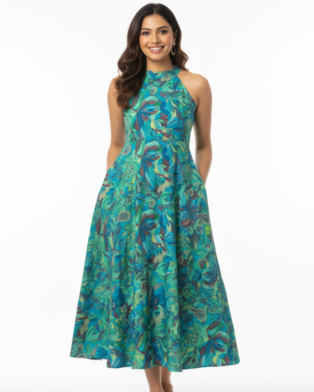 Eden Lagoon Women's Long Halter Dress in Turquoise in Muslin Cotton Nimbu
