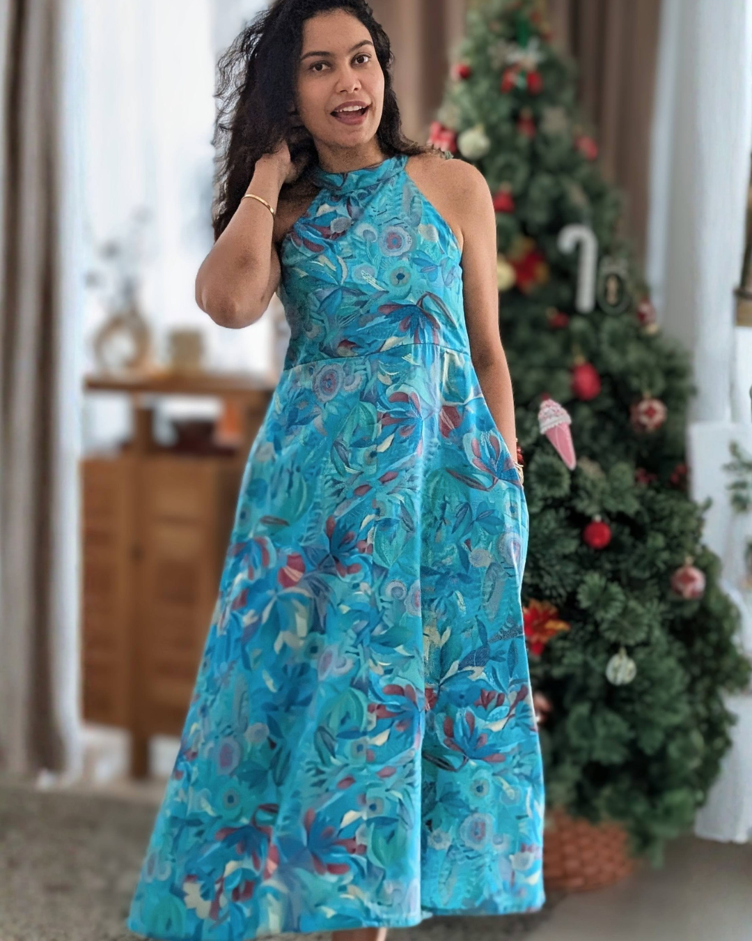 Eden Lagoon Women's Long Halter Dress in Turquoise in Muslin Cotton Nimbu