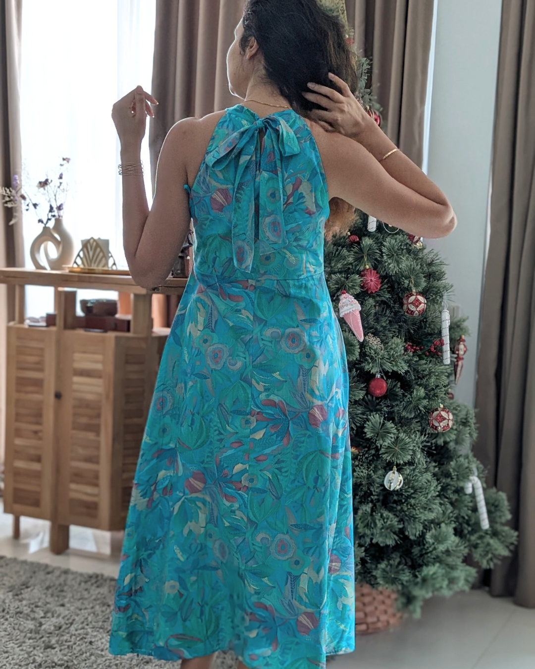 Eden Lagoon Women's Long Halter Dress in Turquoise in Muslin Cotton Nimbu