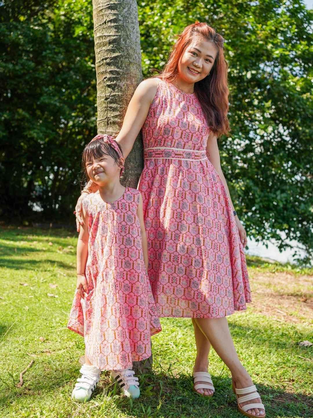 Elena dress in pink matching women and girl