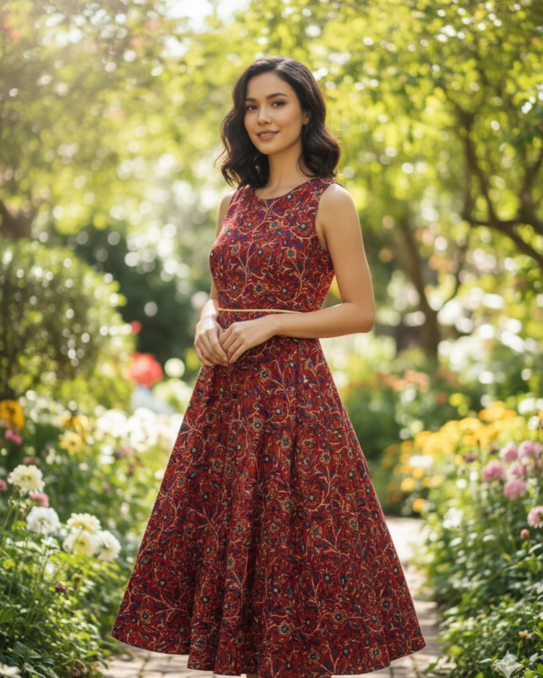 Elena Women's Flowy Dress with Belt in Floral Blue and Red Nimbu