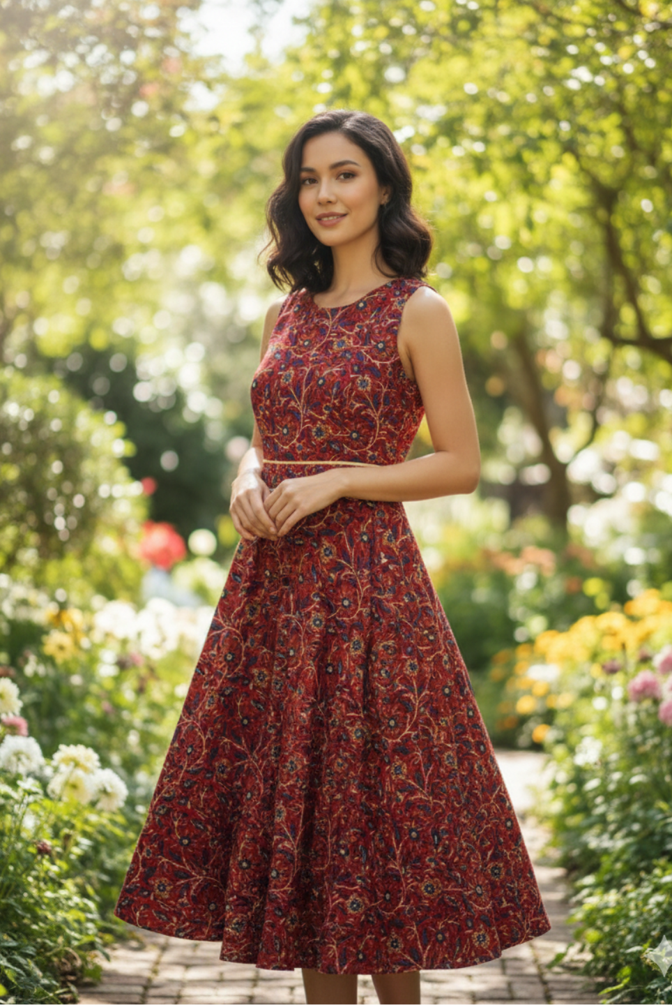 Elena Women's Flowy Dress with Belt in Floral Blue and Red Nimbu