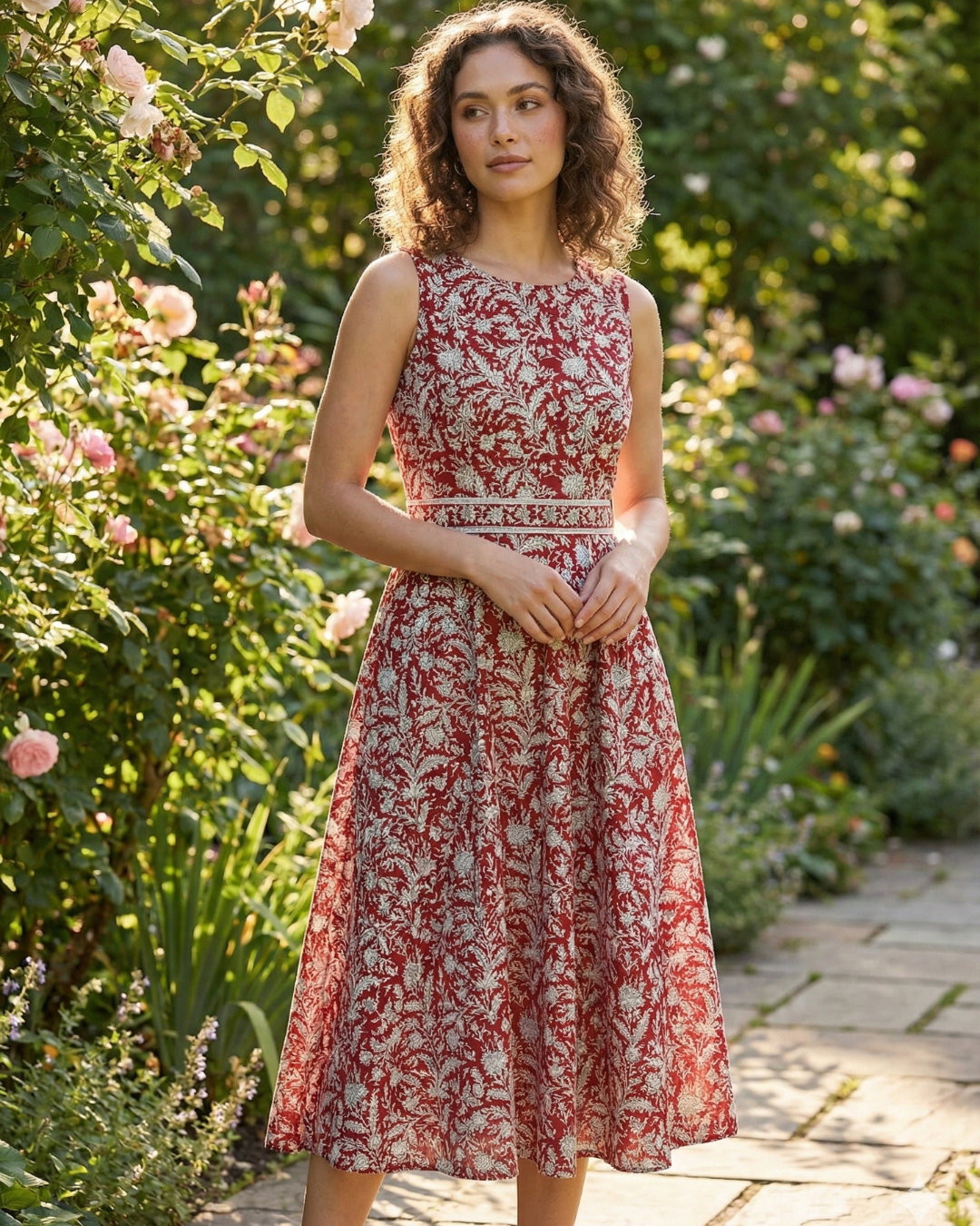 Elena Women's Flowy Dress with Belt in Maroon Nimbu