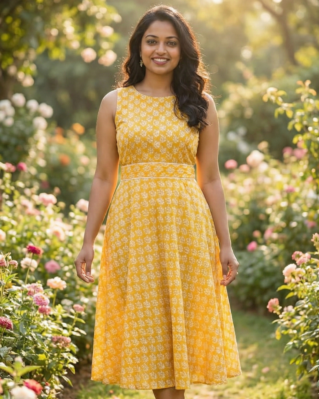 Elena Women's Flowy Dress with Belt in Yellow Nimbu