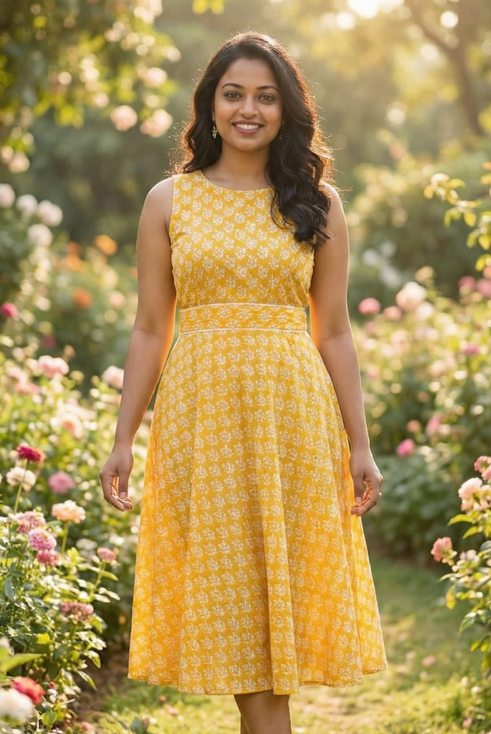Elena Women's Flowy Dress with Belt in Yellow Nimbu