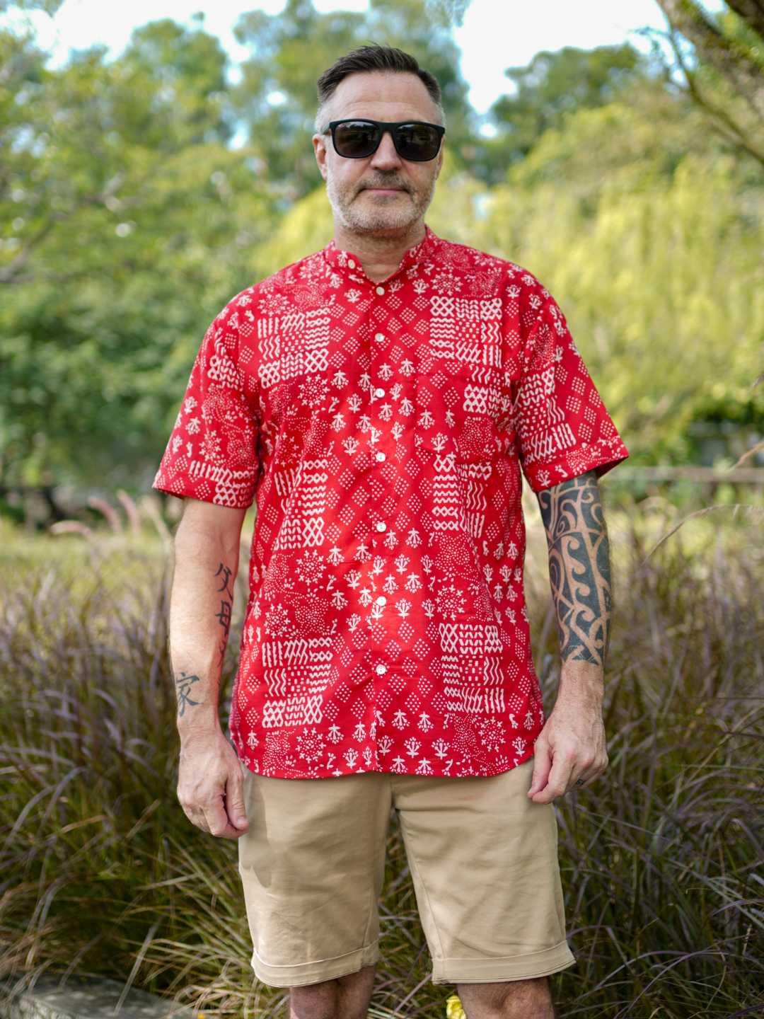 Ember Red Men Mandarin Shirt in Cotton