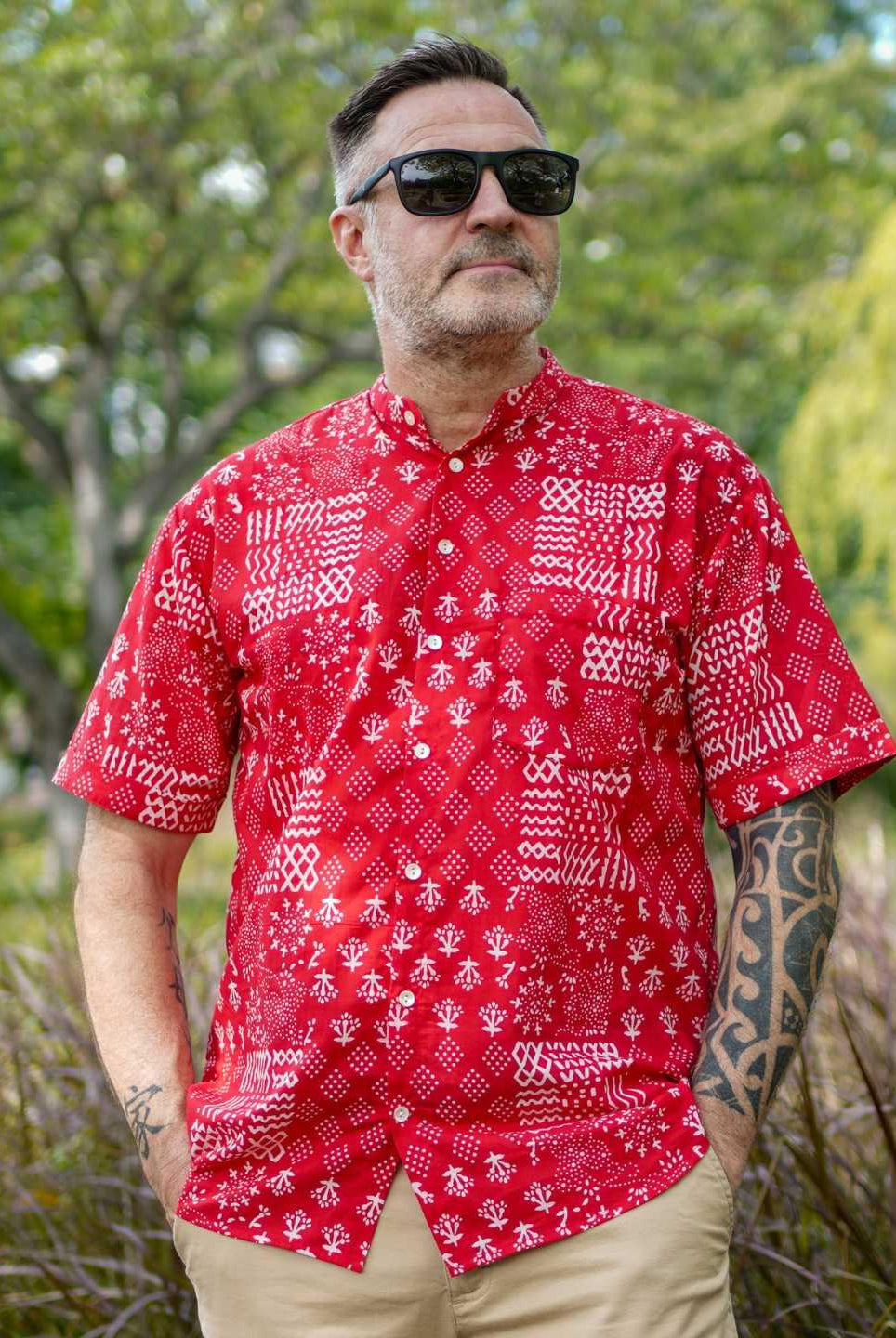 Ember Red Men Mandarin Shirt in Cotton