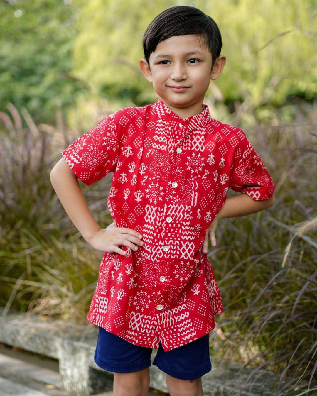 Ember Red Boys Mandarin Shirt in Cotton