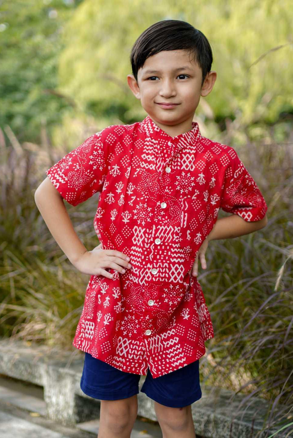 Ember Red Boys Mandarin Shirt in Cotton