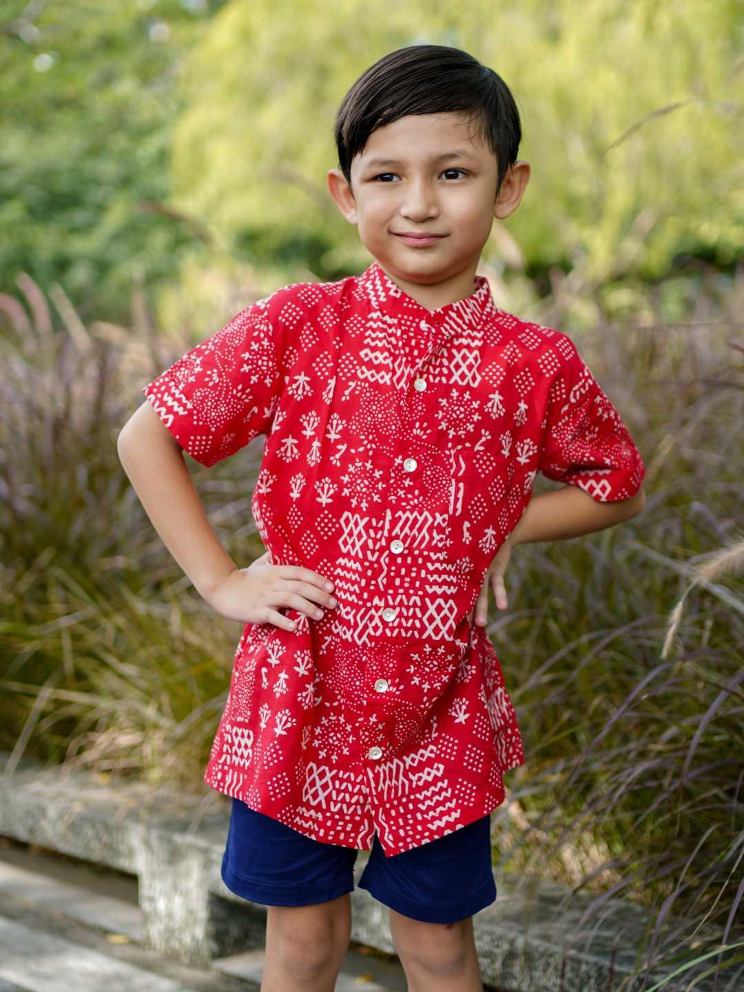Ember Red Boys Mandarin Shirt in Cotton