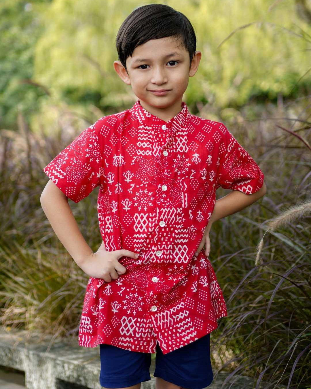 Ember Red Boys Mandarin Shirt in Cotton