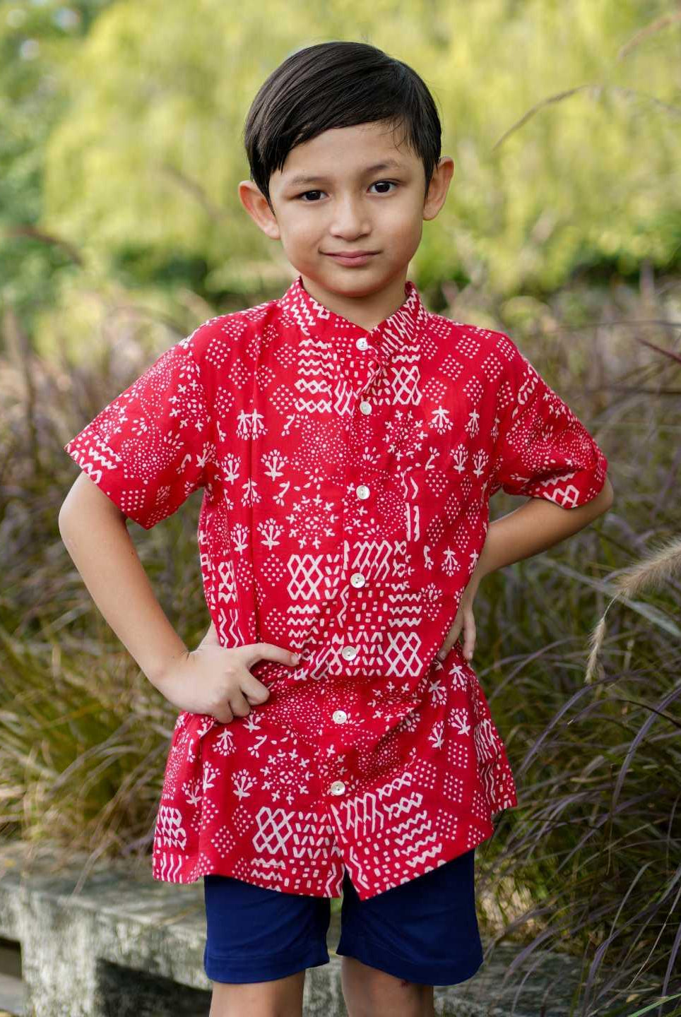 Ember Red Boys Mandarin Shirt in Cotton