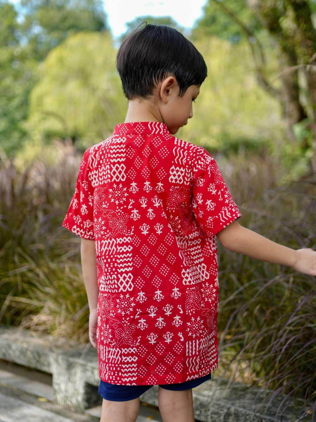 Ember Red Boys Mandarin Shirt in Cotton