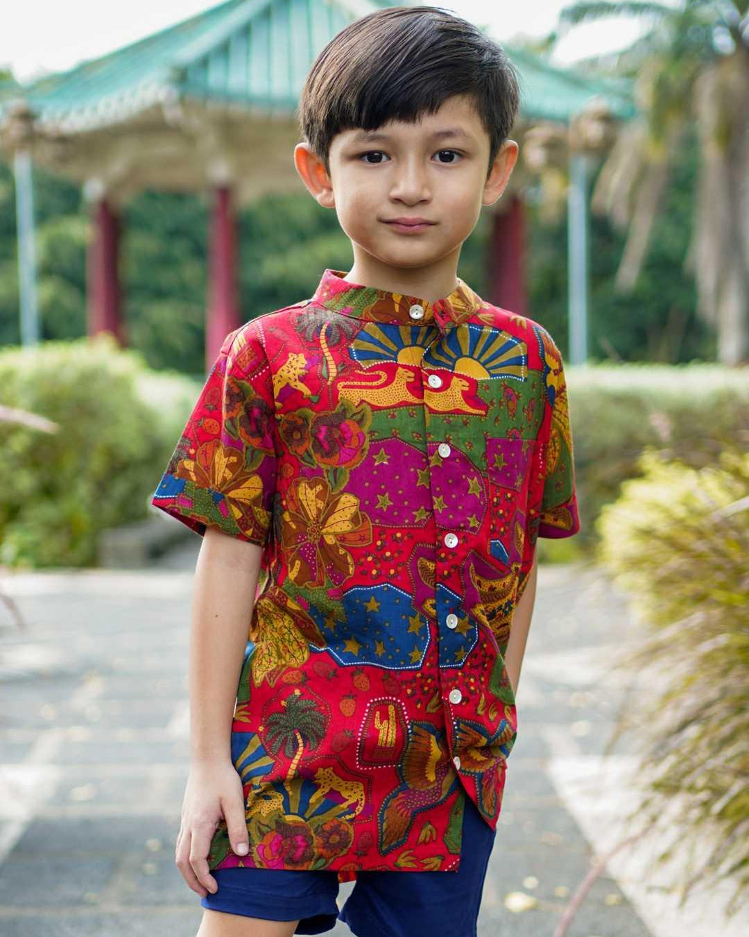 Red Boys Mandarin Shirt in Cotton