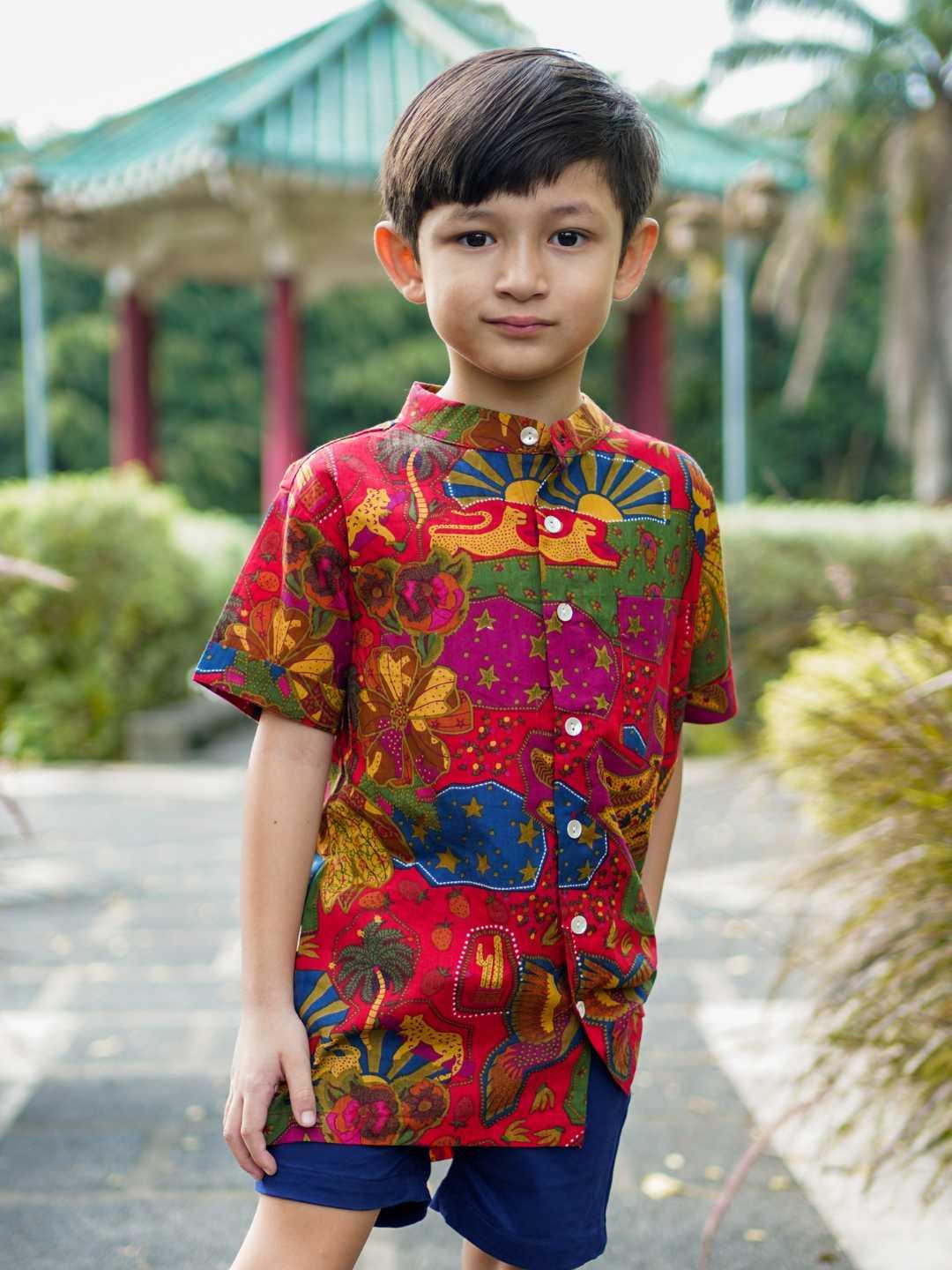 Red Boys Mandarin Shirt in Cotton