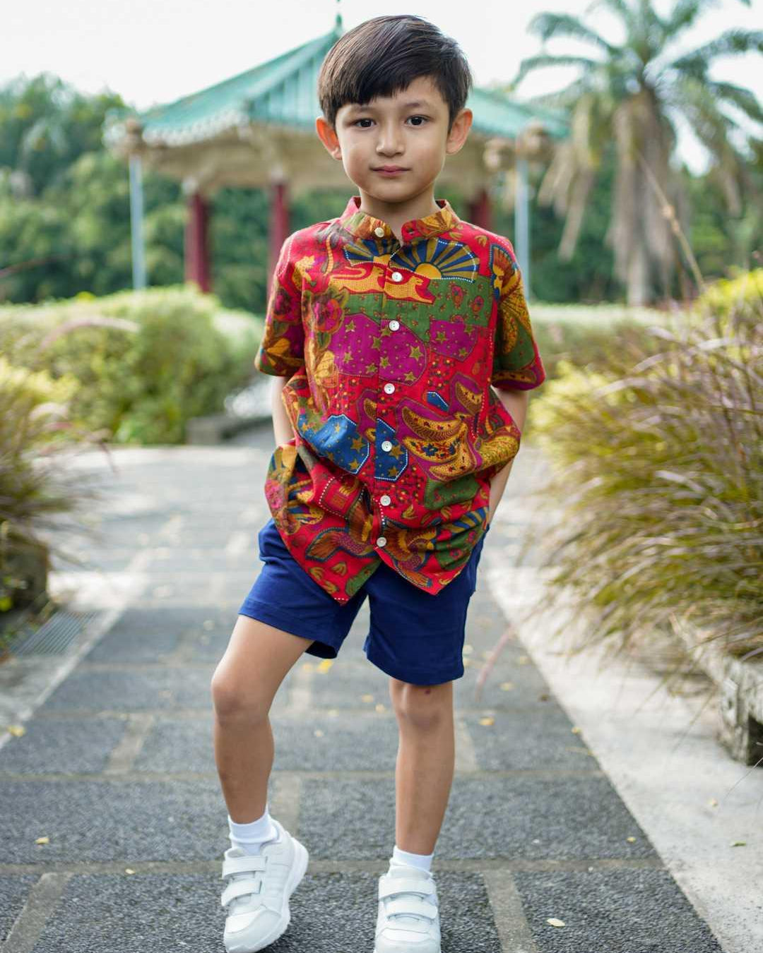 Red Boys Mandarin Shirt in Cotton