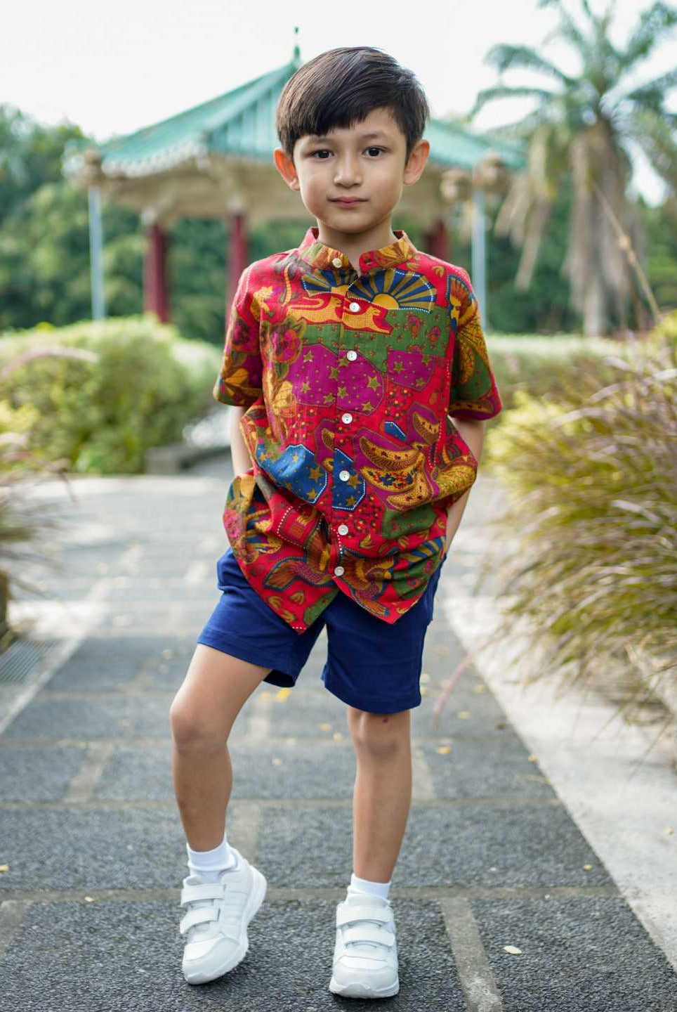 Red Boys Mandarin Shirt in Cotton