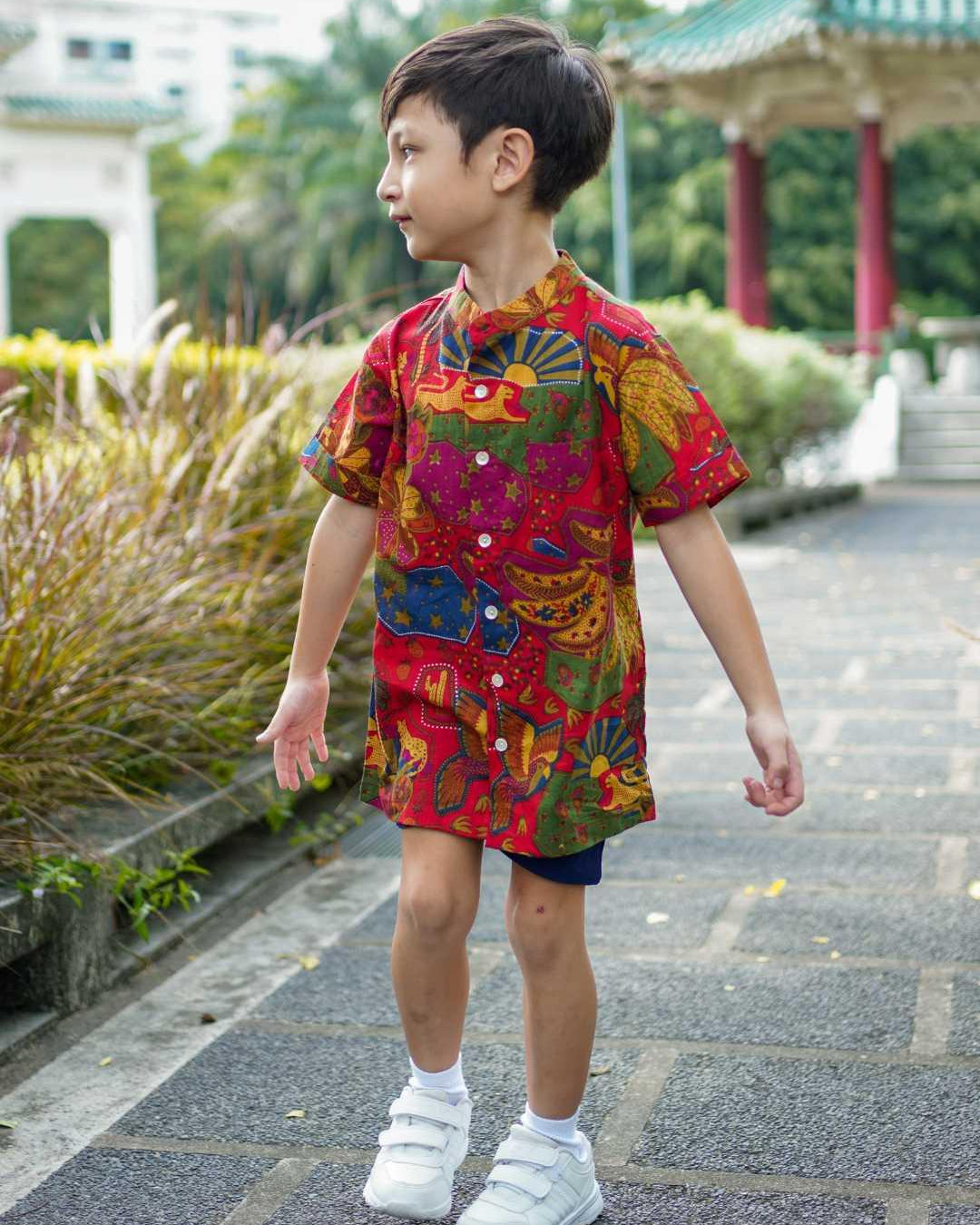 Red Boys Mandarin Shirt in Cotton