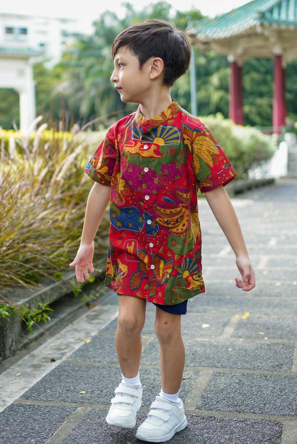 Red Boys Mandarin Shirt in Cotton