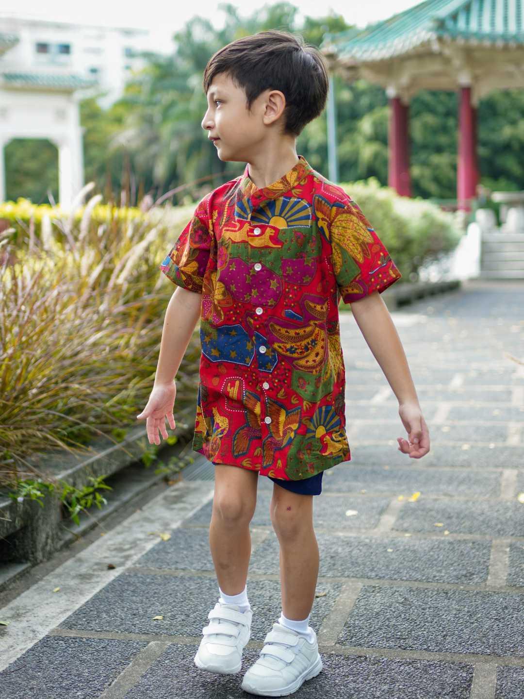 Red Boys Mandarin Shirt in Cotton