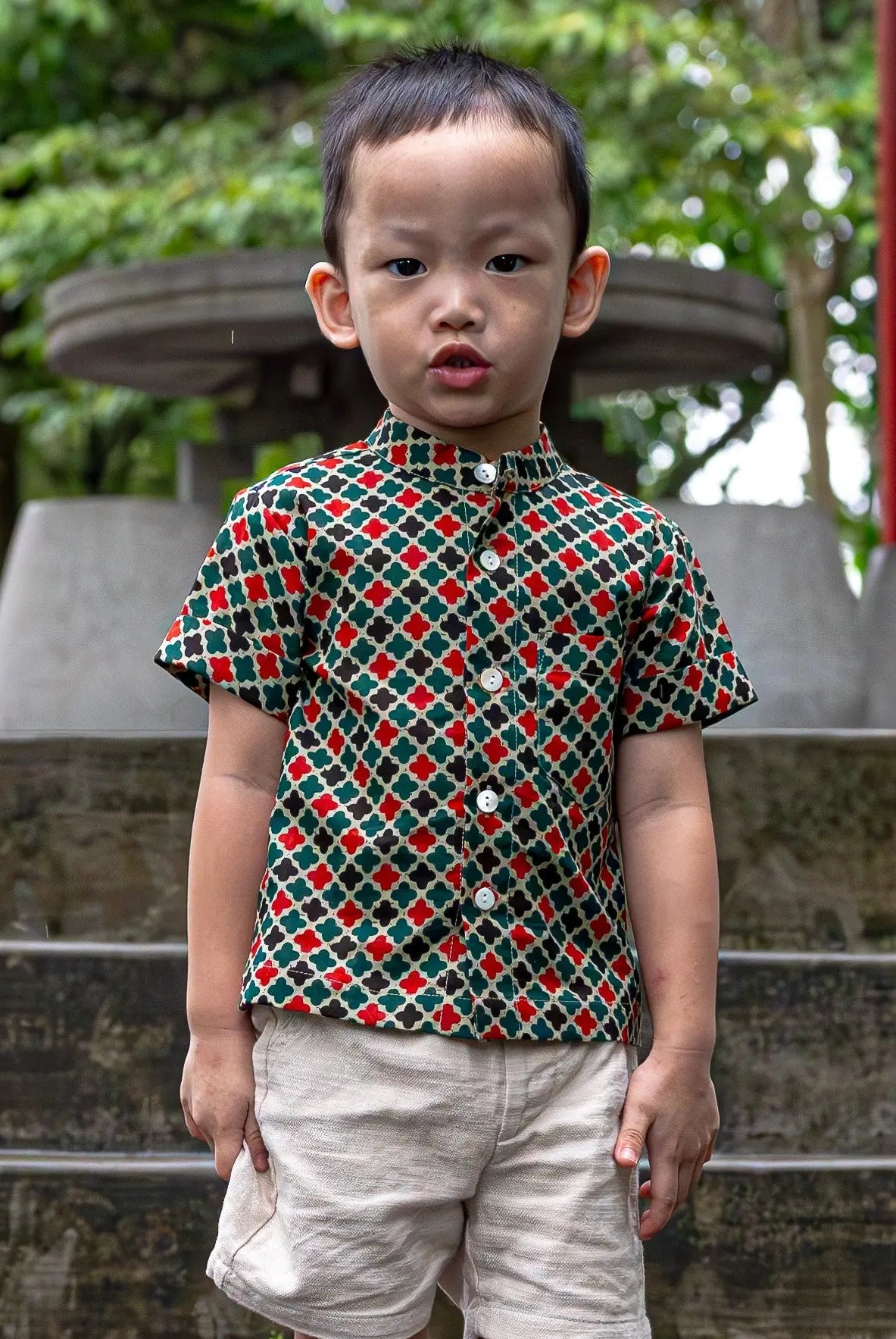 Gingham Boys Cotton Shirt in Checkered Green Nimbu