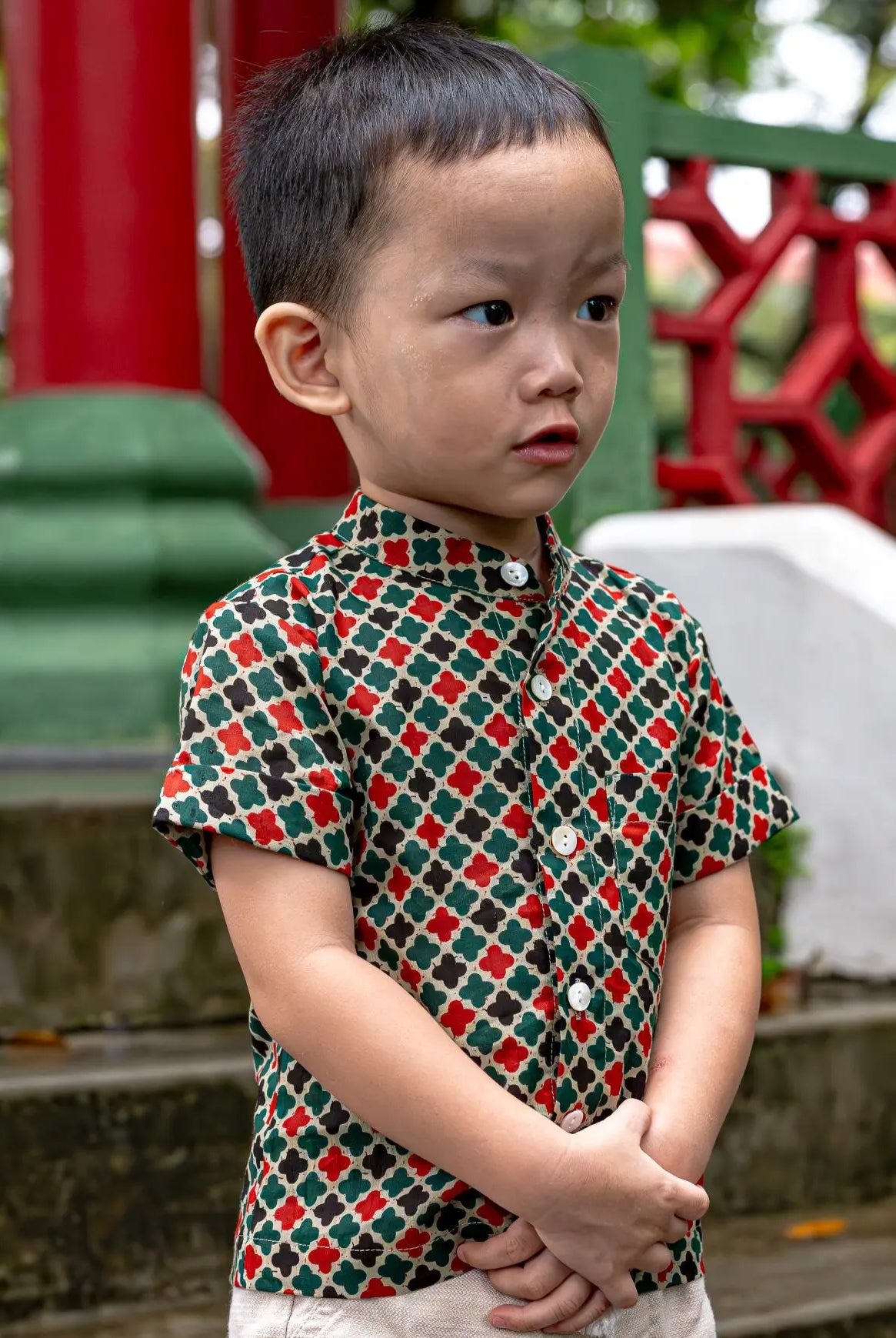 Gingham Boys Cotton Shirt in Checkered Green Nimbu