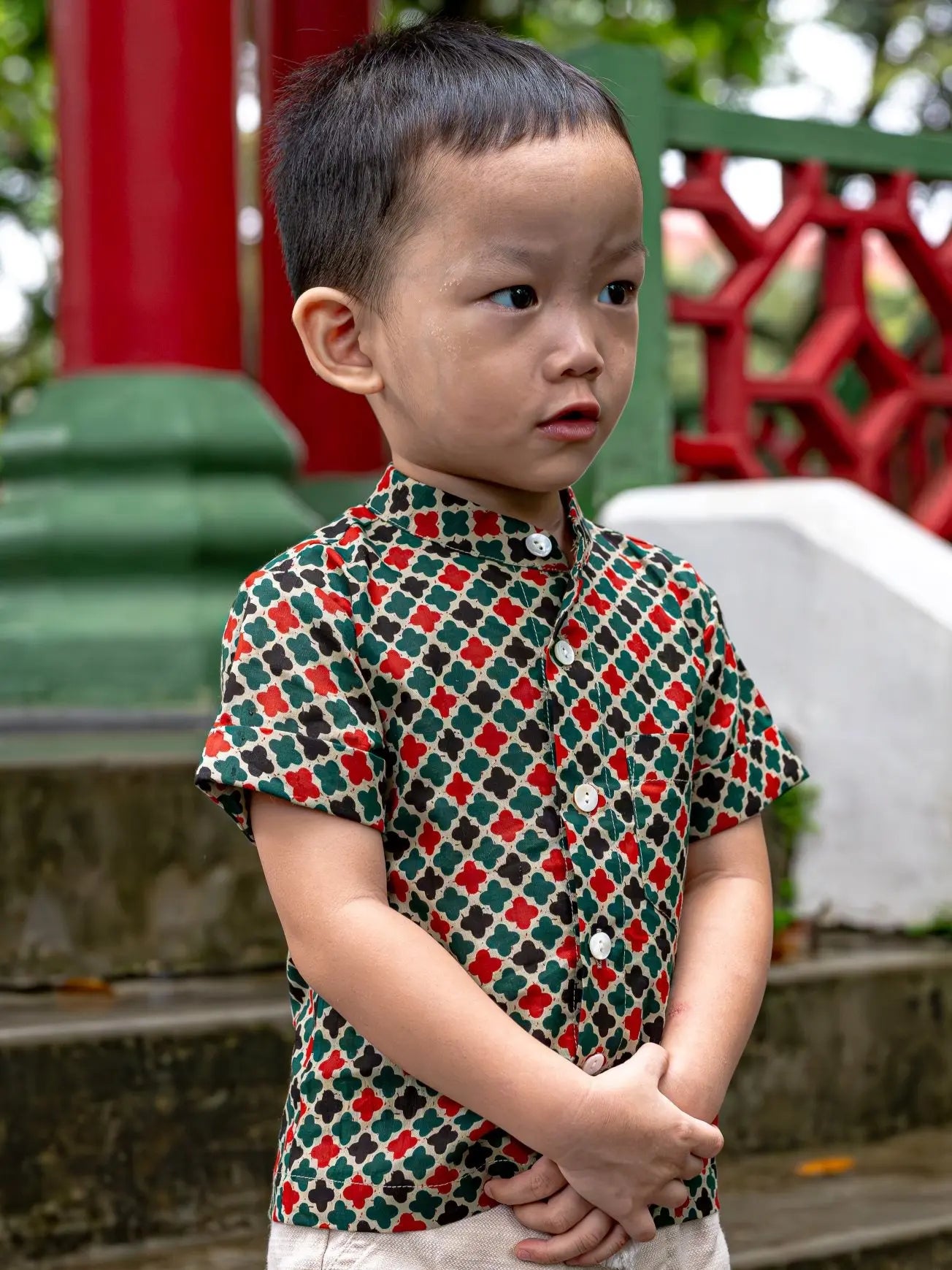 Gingham Boys Cotton Shirt in Checkered Green Nimbu