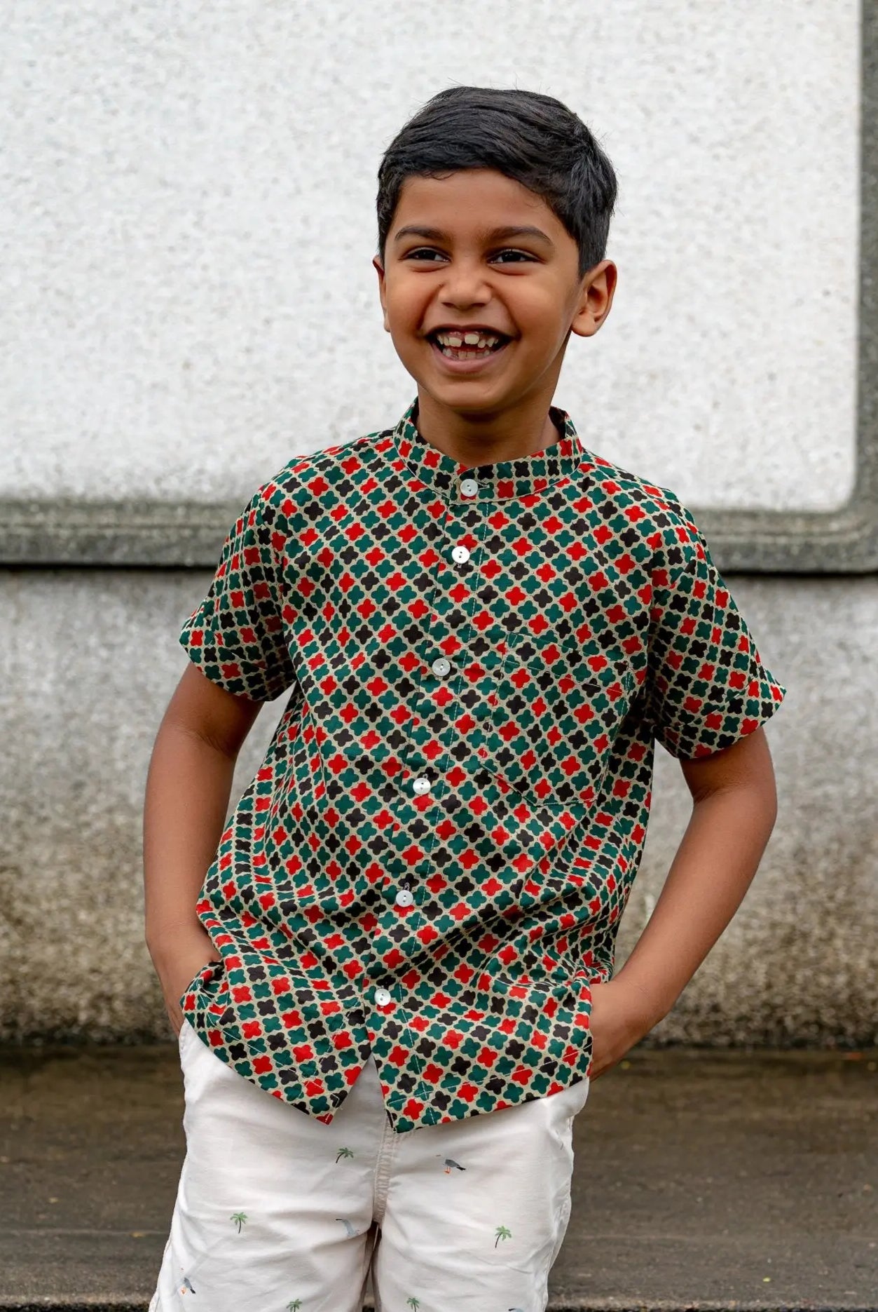 Gingham Boys Cotton Shirt in Checkered Green Nimbu