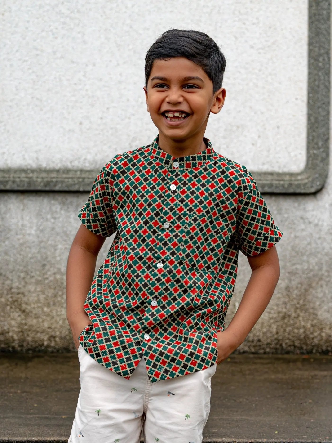 Gingham Boys Cotton Shirt in Checkered Green Nimbu