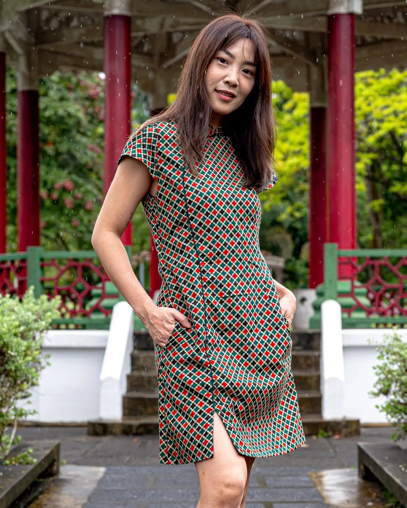 Gingham Women's Cheongsam Dress with Pockets in Checkered Green Nimbu