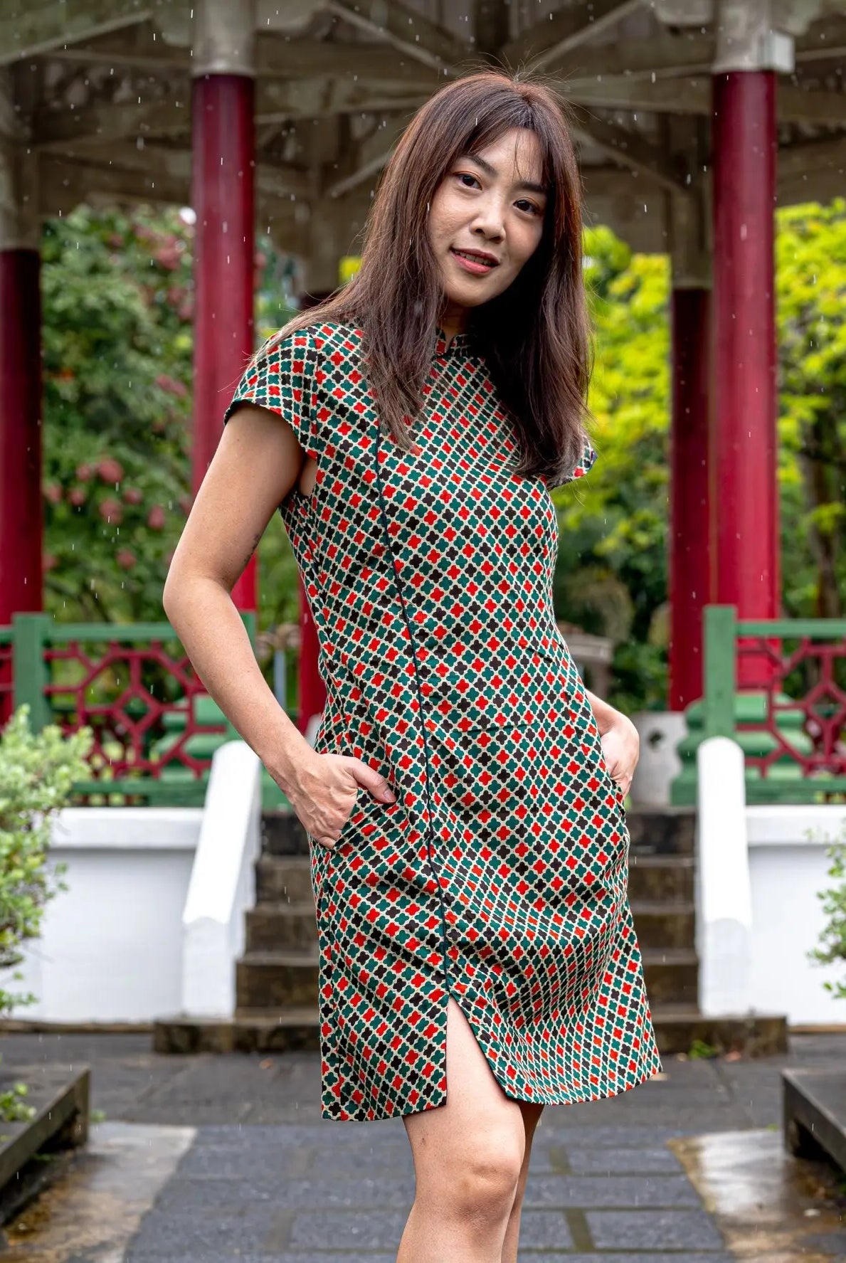 Gingham Women's Cheongsam Dress with Pockets in Checkered Green Nimbu