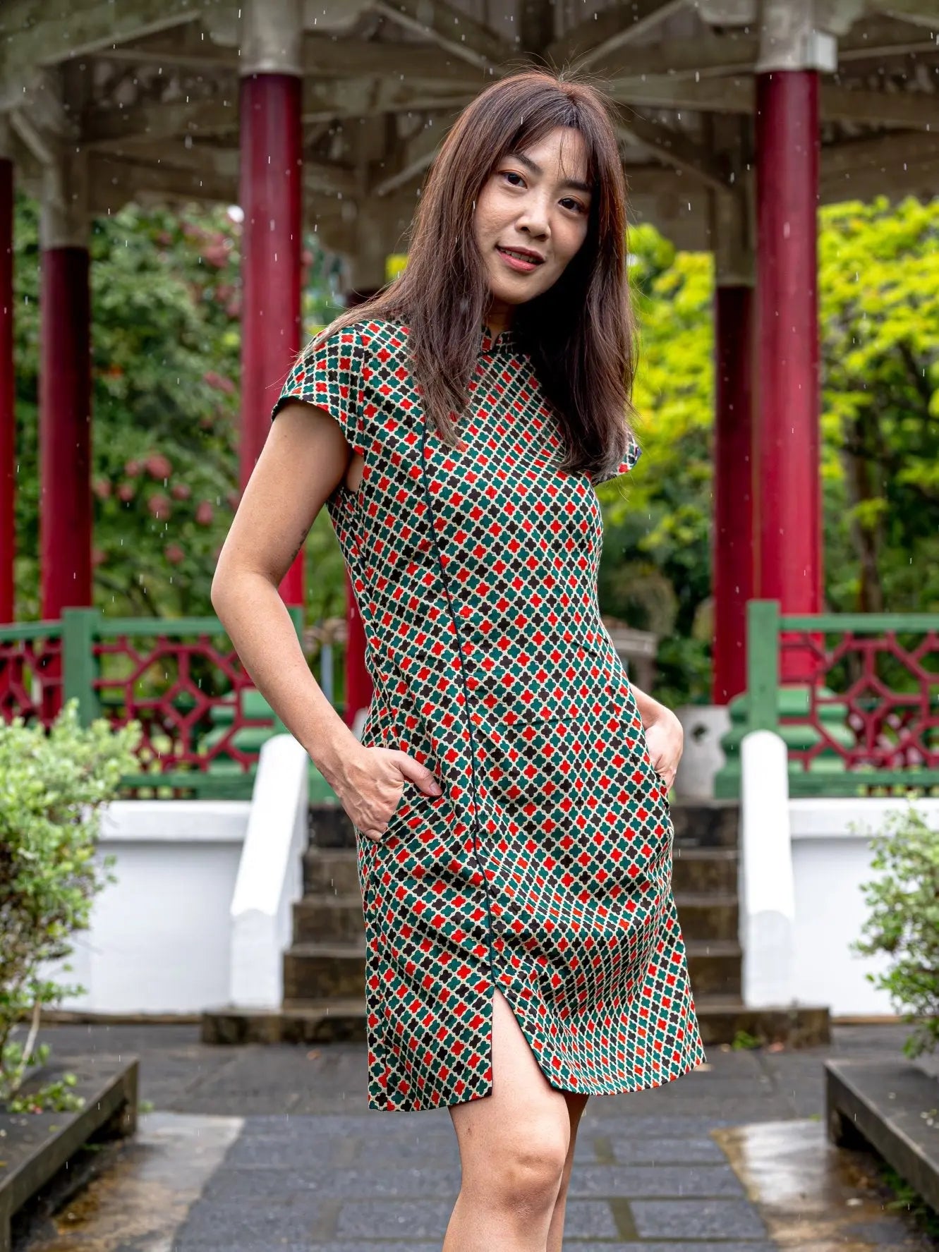 Gingham Women's Cheongsam Dress with Pockets in Checkered Green Nimbu