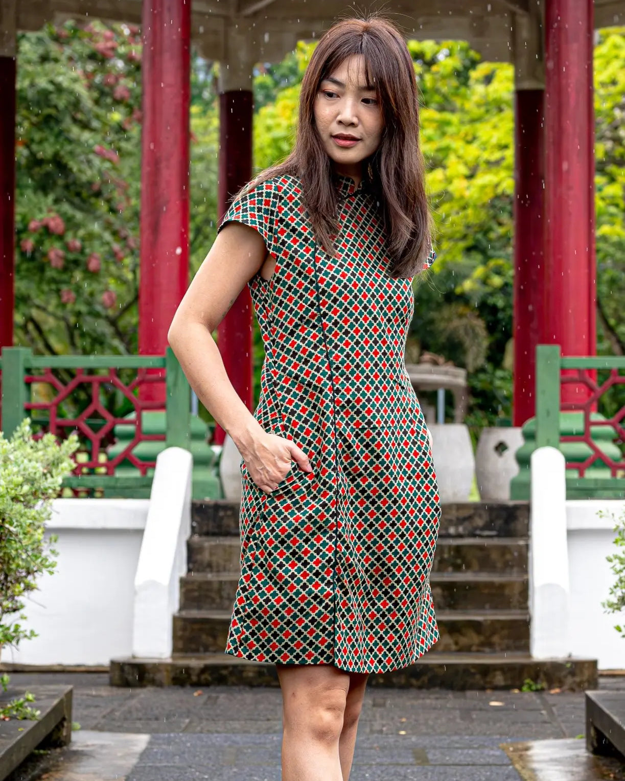Gingham Women's Cheongsam Dress with Pockets in Checkered Green Nimbu