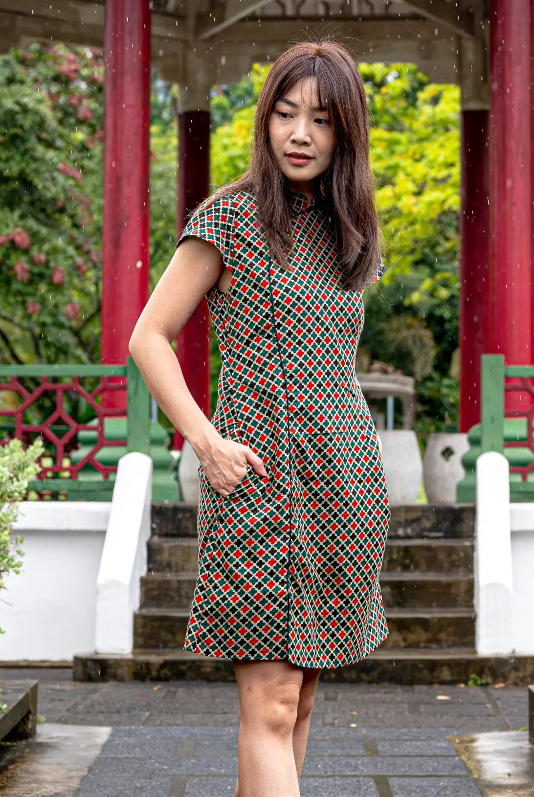 Gingham Women's Cheongsam Dress with Pockets in Checkered Green Nimbu