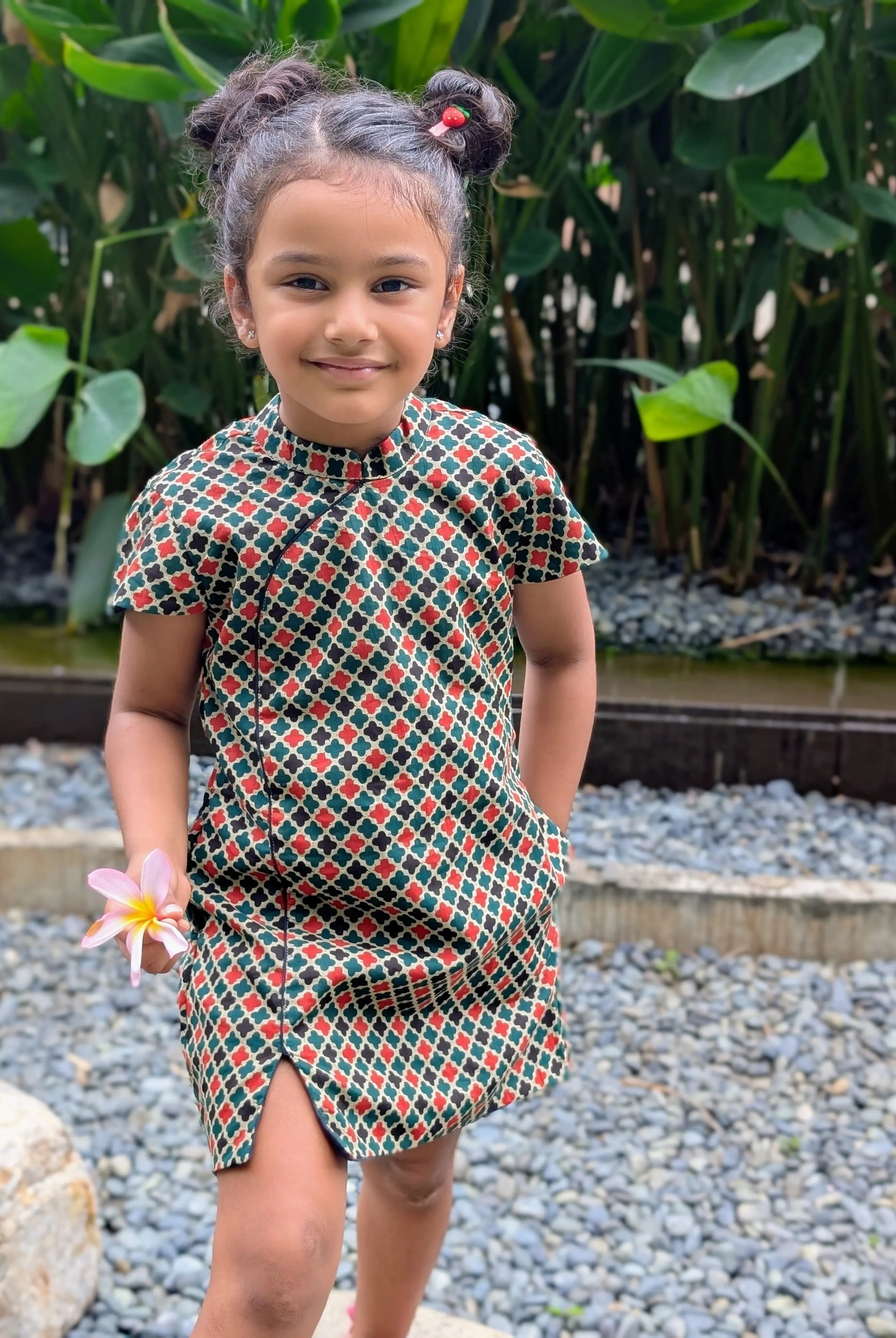 Gingham Girls Cotton Cheongsam Dress in Checkered Green Nimbu