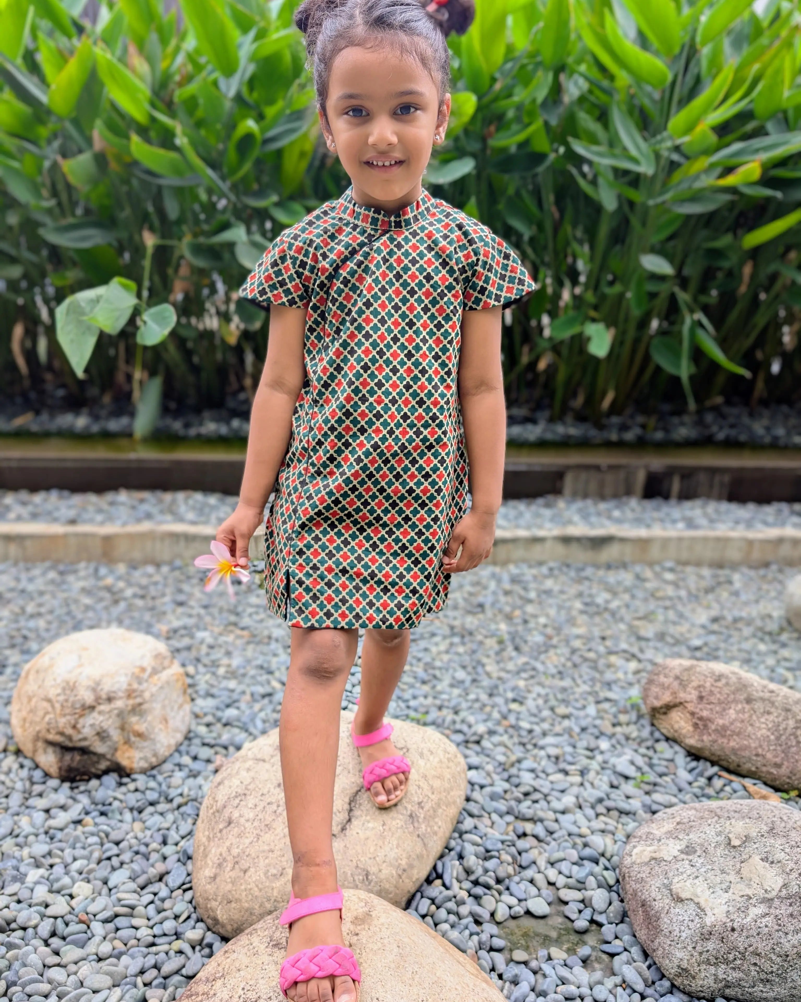Gingham Girls Cotton Cheongsam Dress in Checkered Green Nimbu