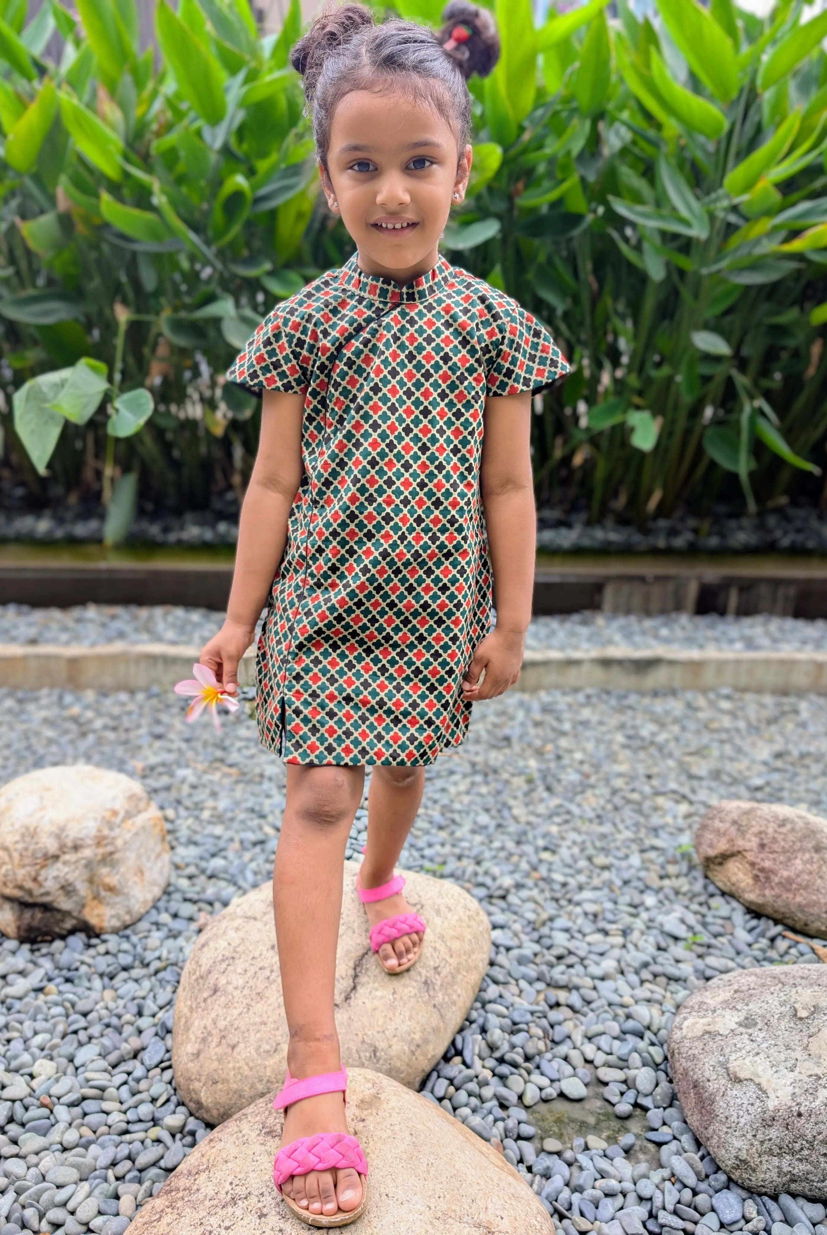 Gingham Girls Cotton Cheongsam Dress in Checkered Green Nimbu