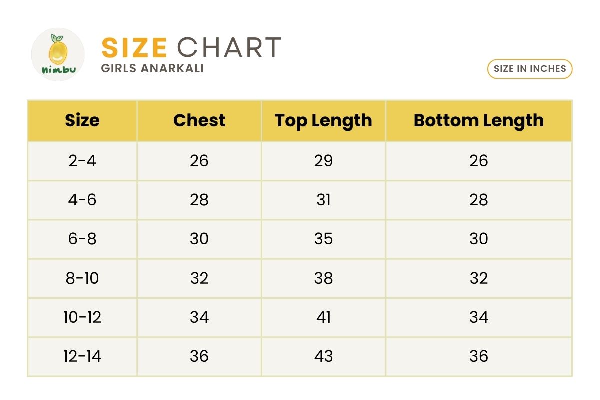 Nimbu Girls Anarkali Cotton Size Chart