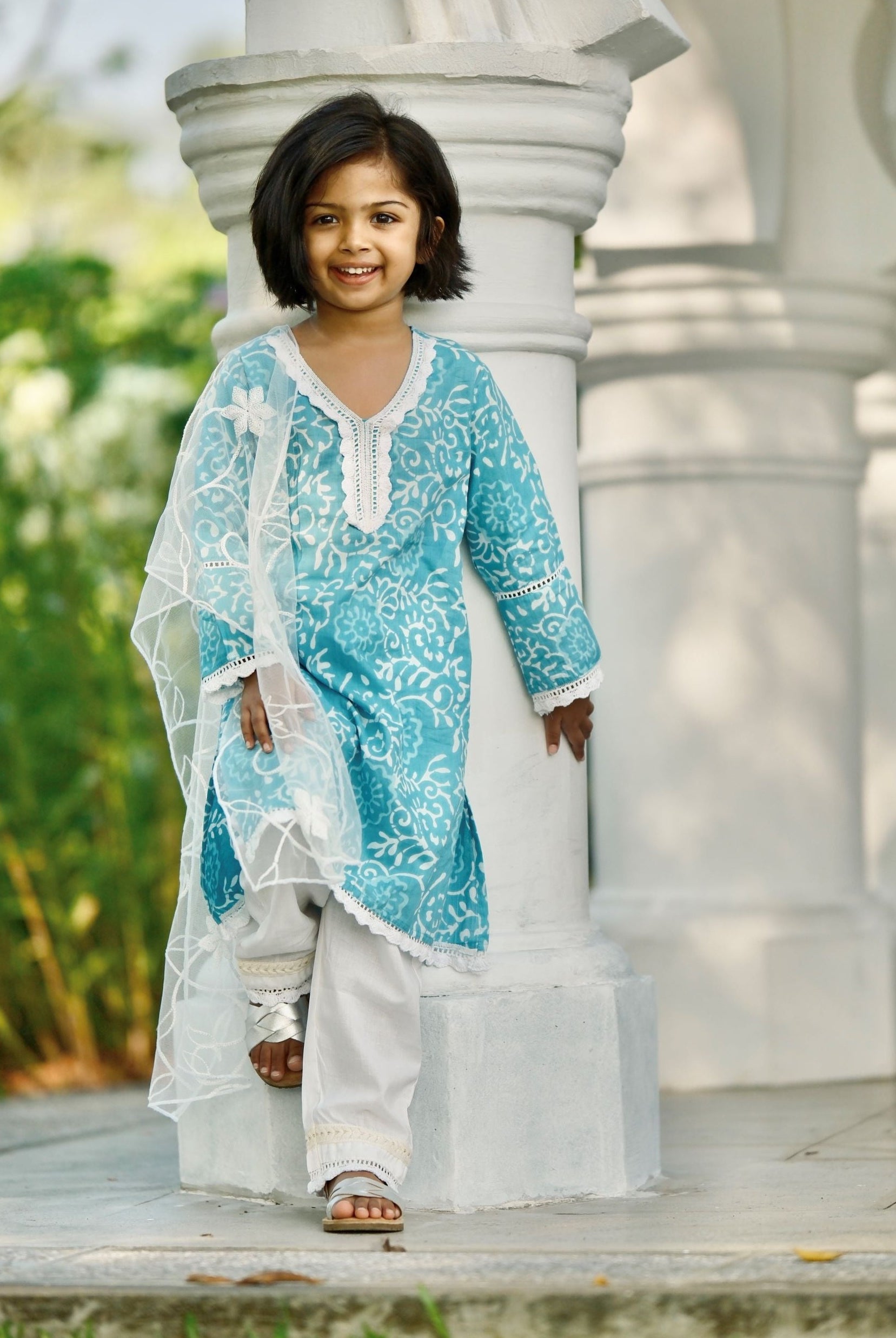 'Meher' Girls Blue Kurti, Pants with Lace Work and Embroidered White Net Scarf Set