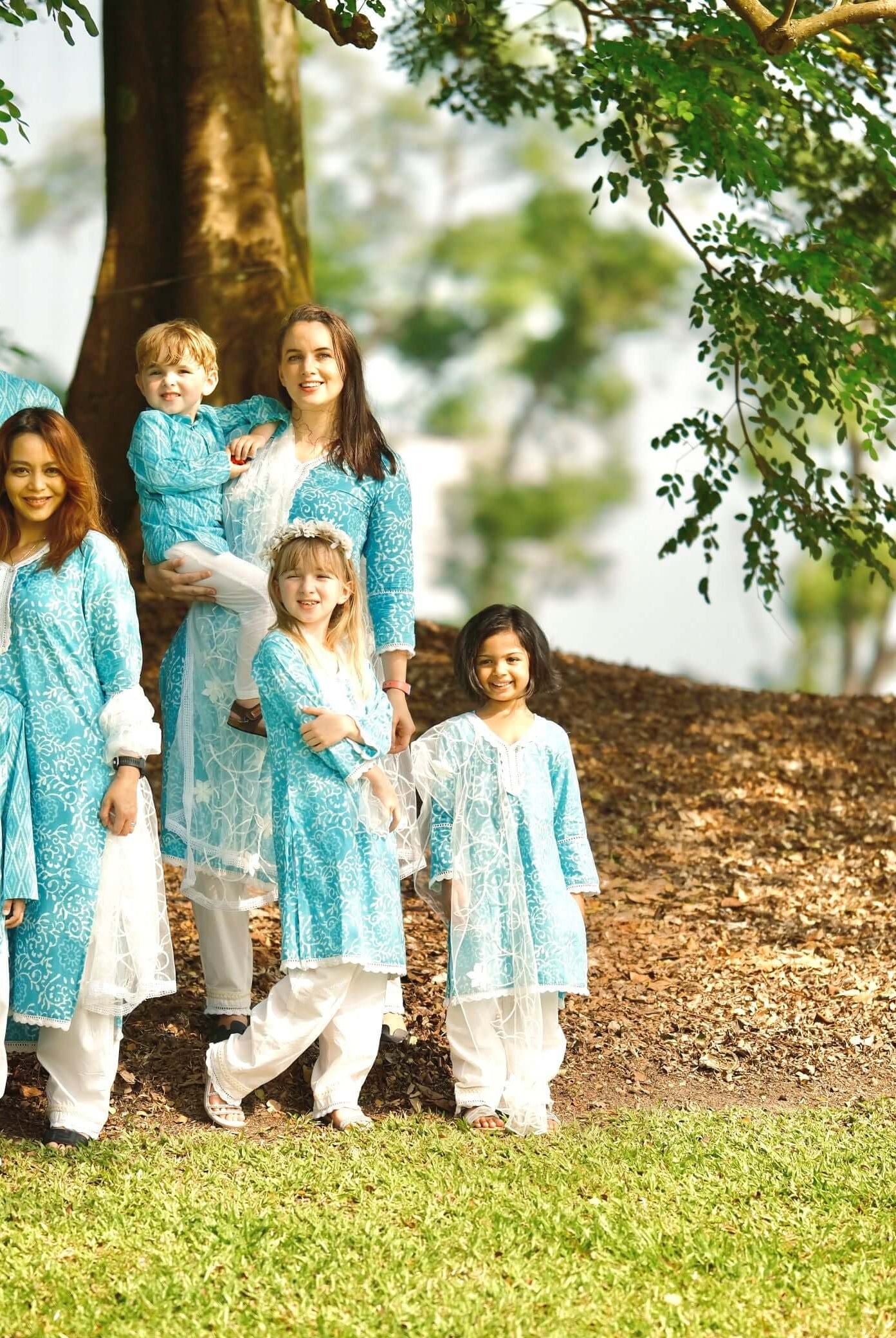 'Meher' Girls Blue Kurti, Pants with Lace Work and Embroidered White Net Scarf Set Nimbu