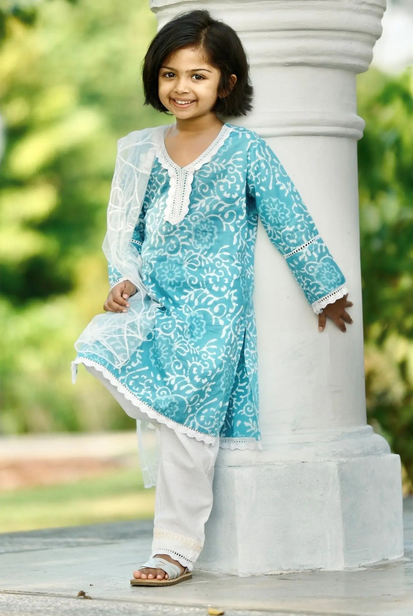 'Meher' Girls Blue Kurti, Pants with Lace Work and Embroidered White Net Scarf Set Nimbu