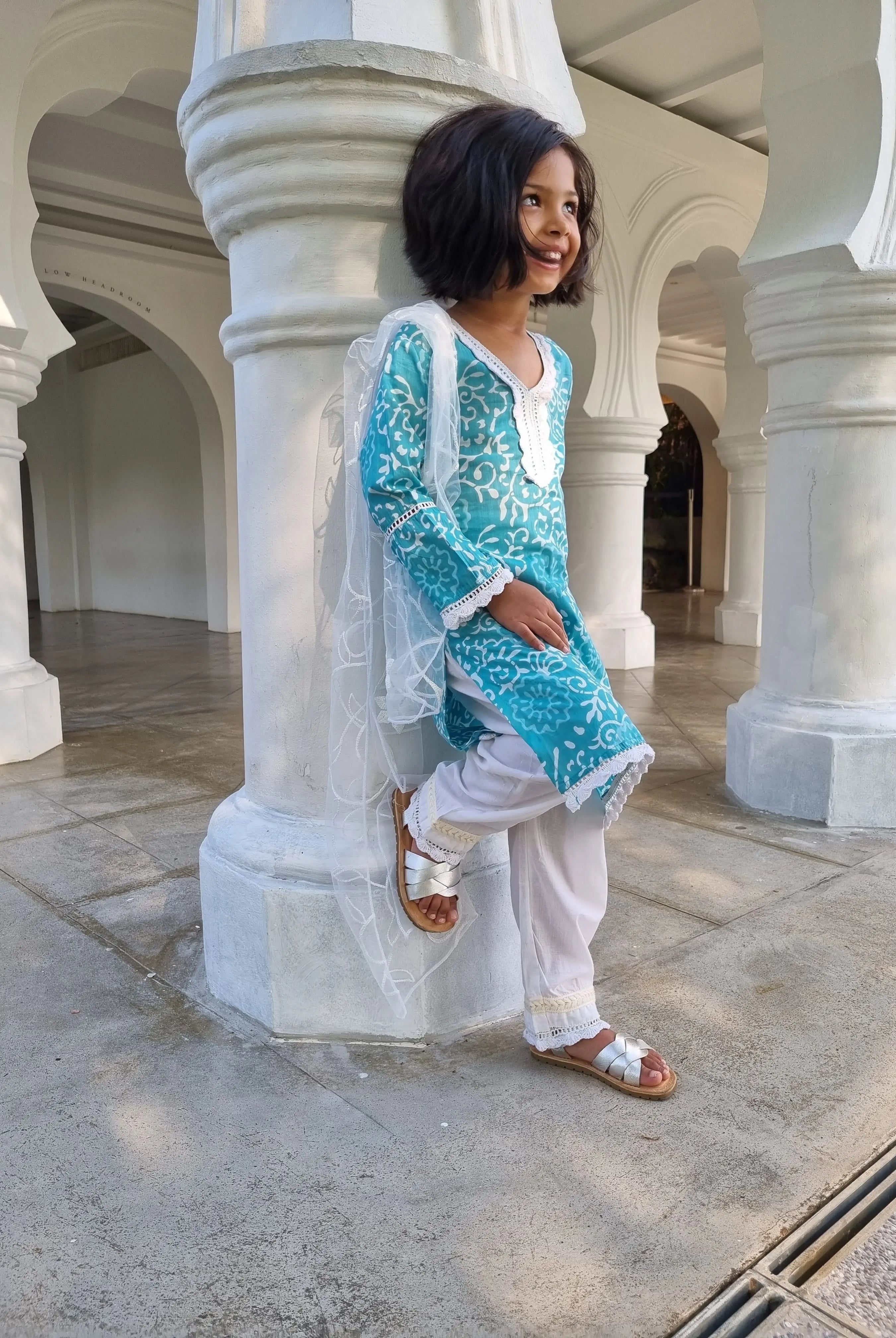 'Meher' Girls Blue Kurti, Pants with Lace Work and Embroidered White Net Scarf Set Nimbu