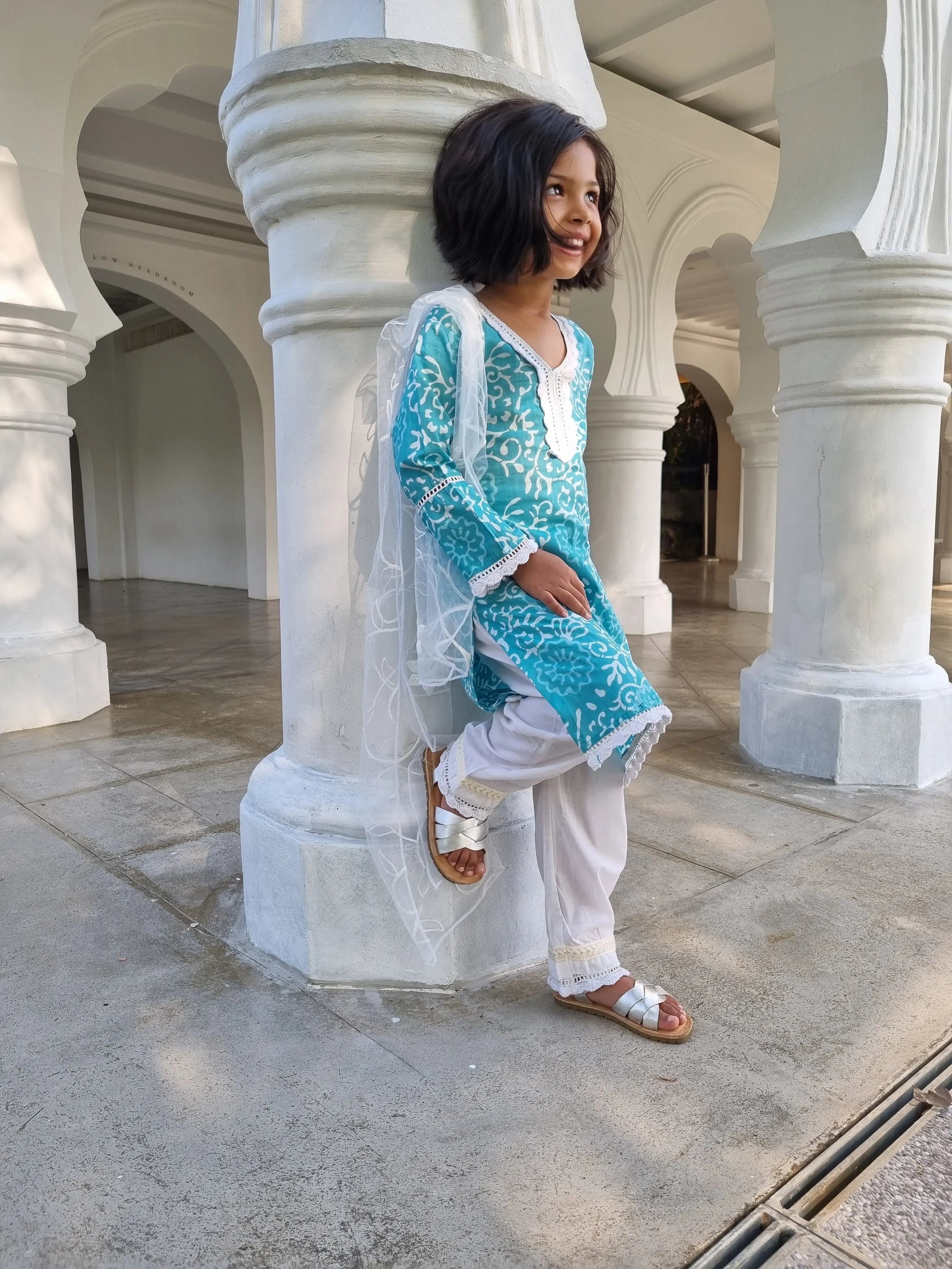 'Meher' Girls Blue Kurti, Pants with Lace Work and Embroidered White Net Scarf Set Nimbu