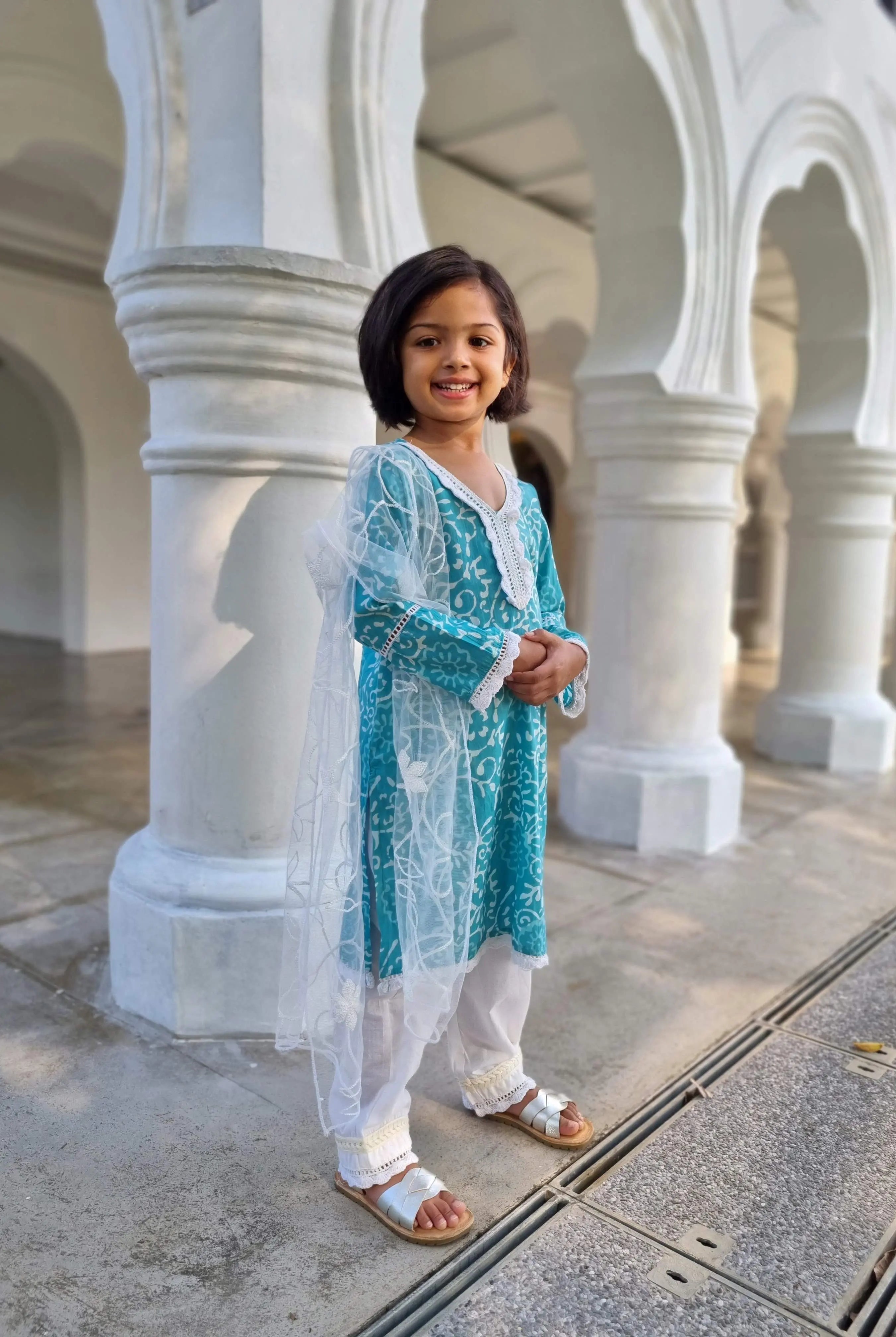 'Meher' Girls Blue Kurti, Pants with Lace Work and Embroidered White Net Scarf Set Nimbu