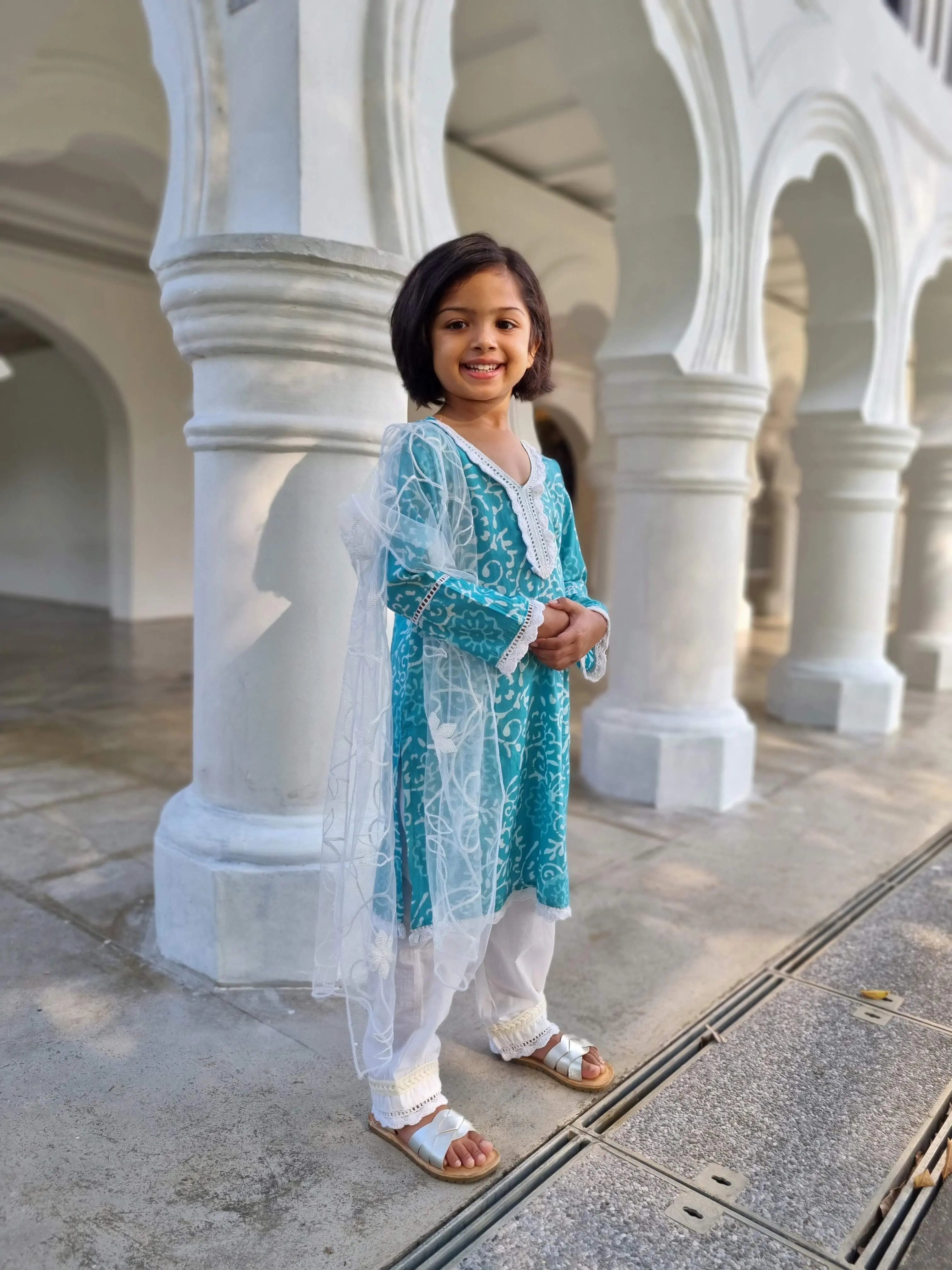 'Meher' Girls Blue Kurti, Pants with Lace Work and Embroidered White Net Scarf Set Nimbu