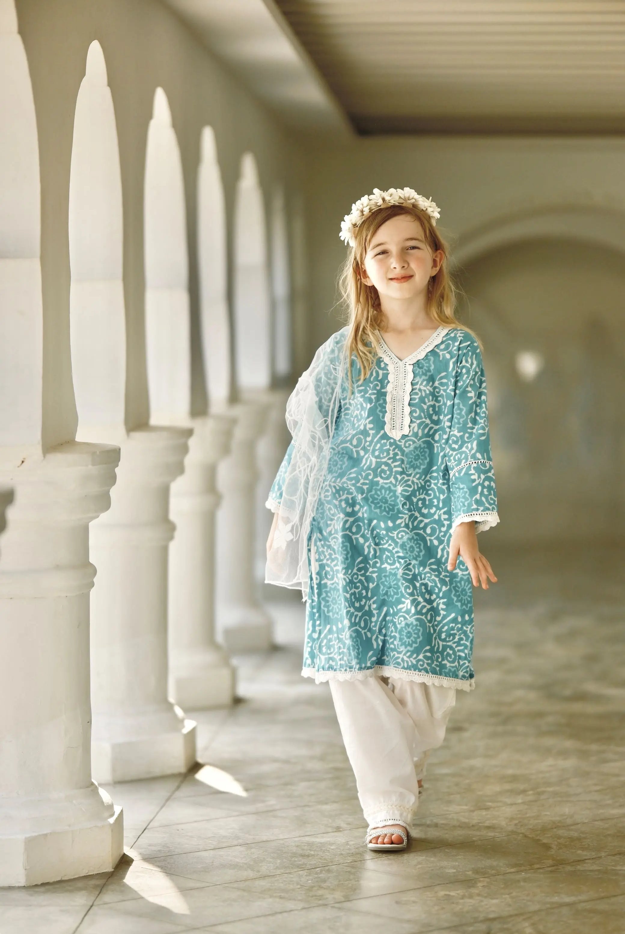 'Meher' Girls Blue Kurti, Pants with Lace Work and Embroidered White Net Scarf Set Nimbu