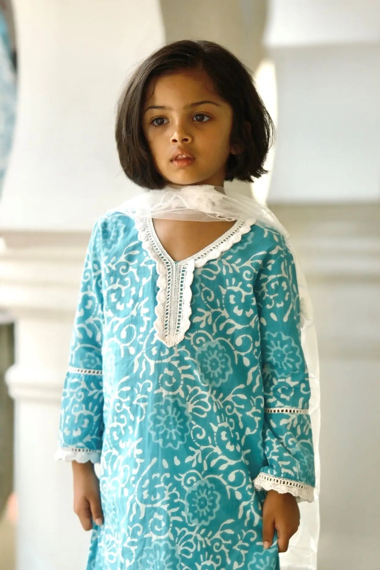 'Meher' Girls Blue Kurti, Pants with Lace Work and Embroidered White Net Scarf Set Nimbu