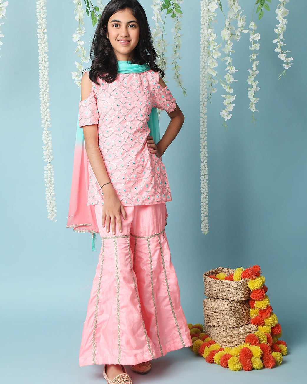 Blush Embroidered Kurta Sharara Set for Girls