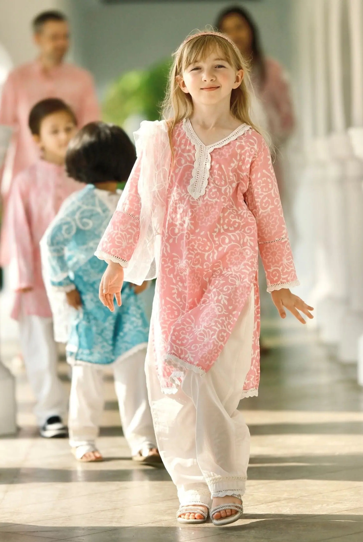 'Meher' Girls Pink Kurti, Pants with Lace Work and Embroidered White Net Scarf Set Nimbu